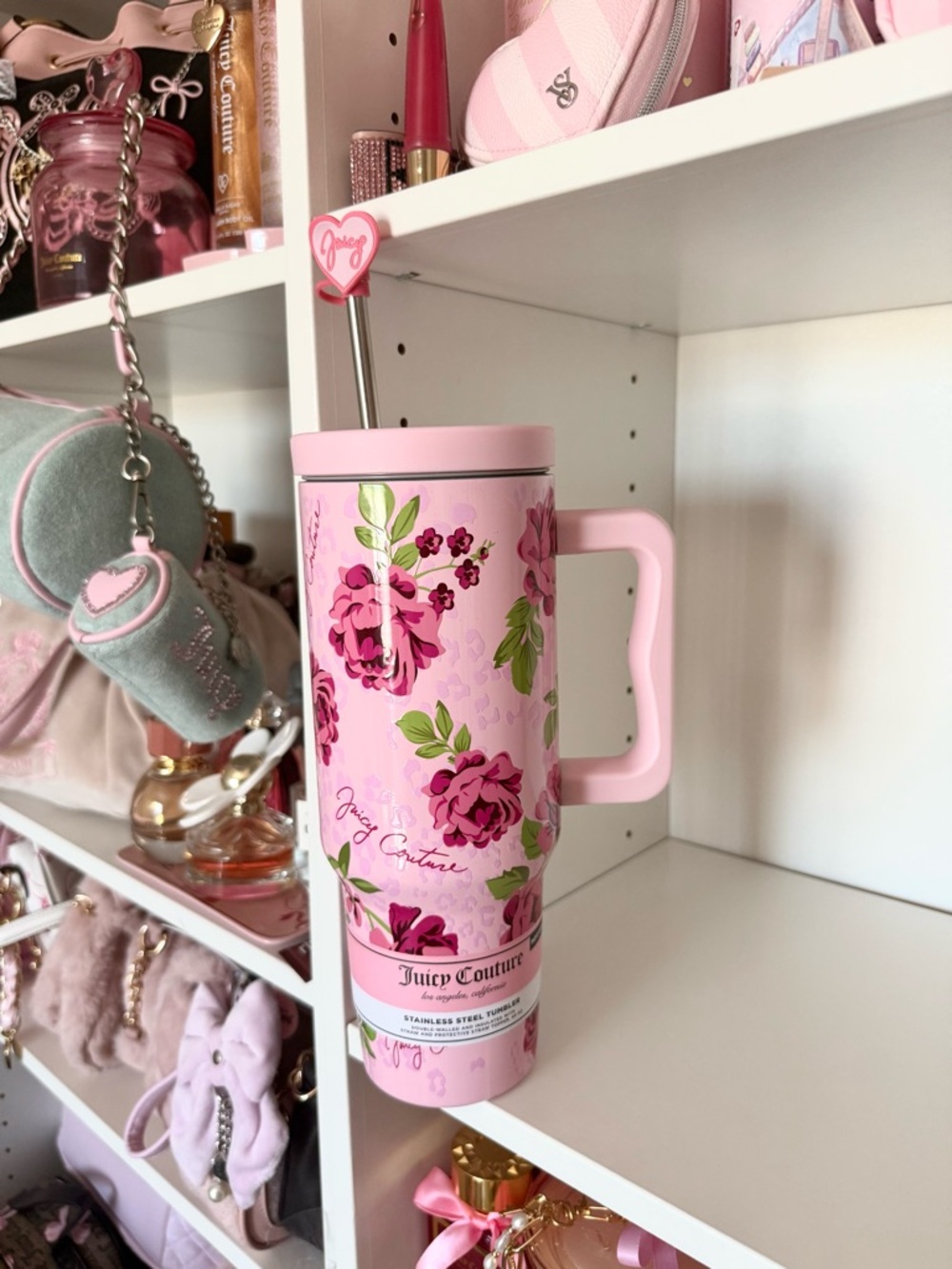 Juicy Couture Pink Floral Insulated Tumbler with Heart Straw
